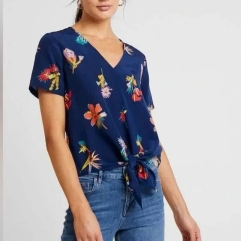 Madewell 100% Silk Blue Tie Waist Tropical Floral Blouse Size XS